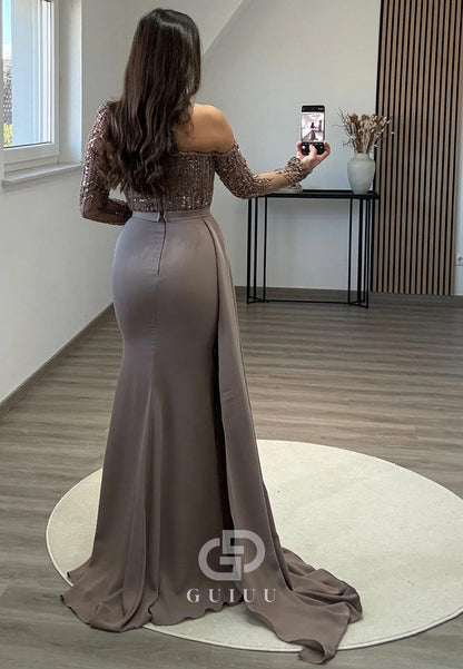 Mermaid One Shoulder Long Sleeves Ruched Evening Dress