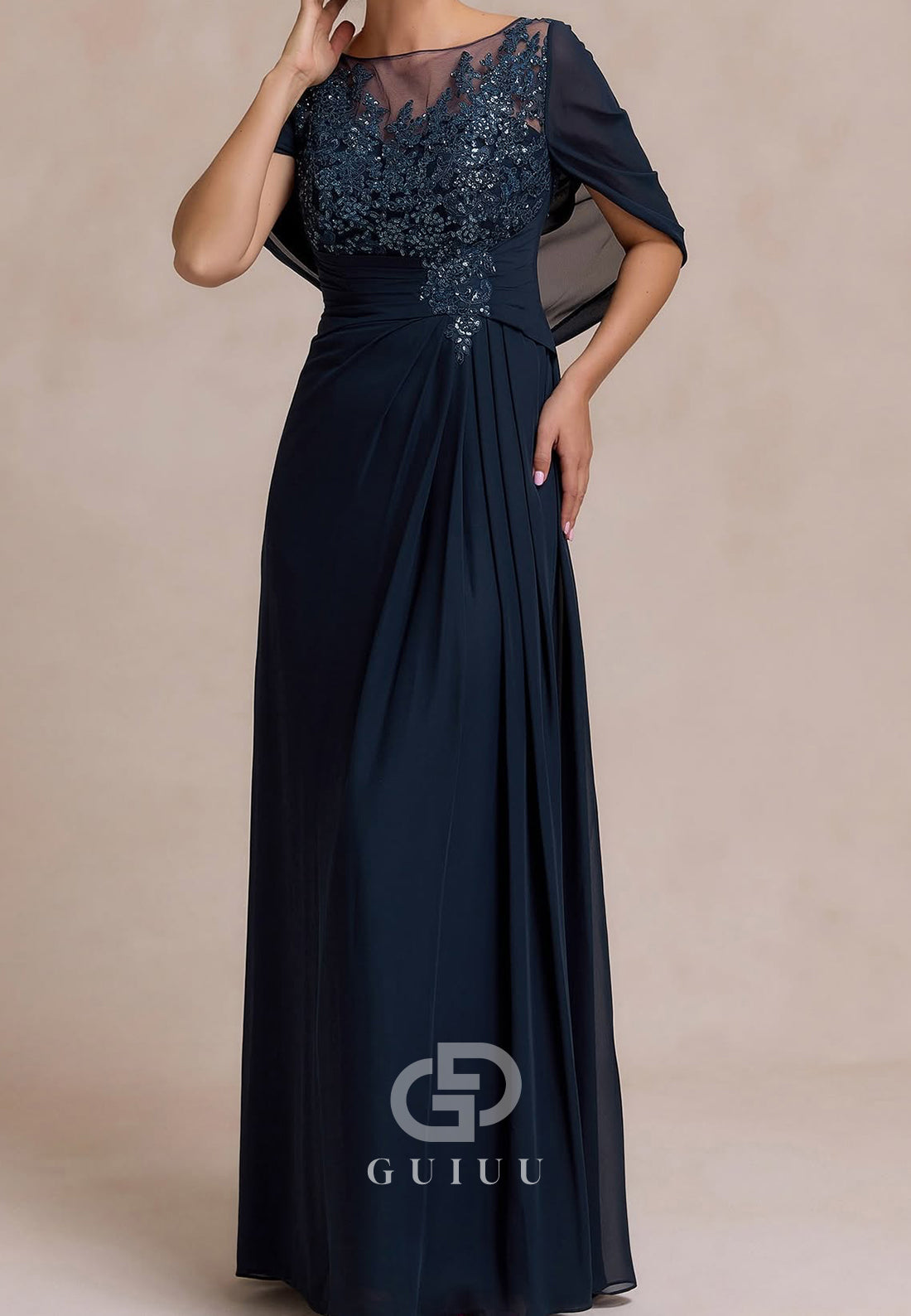 Neptune Cape Scoop Appliques Chiffon Mother of the Bride Dress