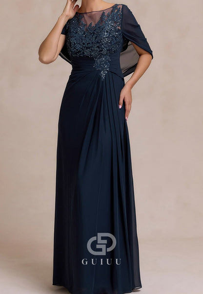 Neptune Cape Scoop Appliques Chiffon Mother of the Bride Dress