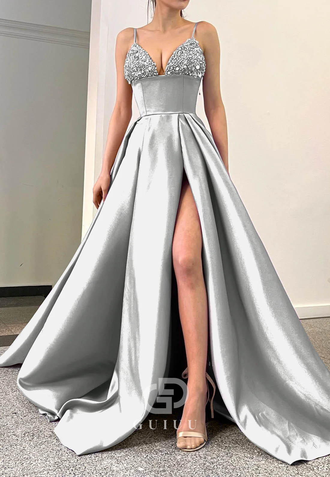 Simple A-Line Spaghetti Straps Sequins Prom Dress With Split