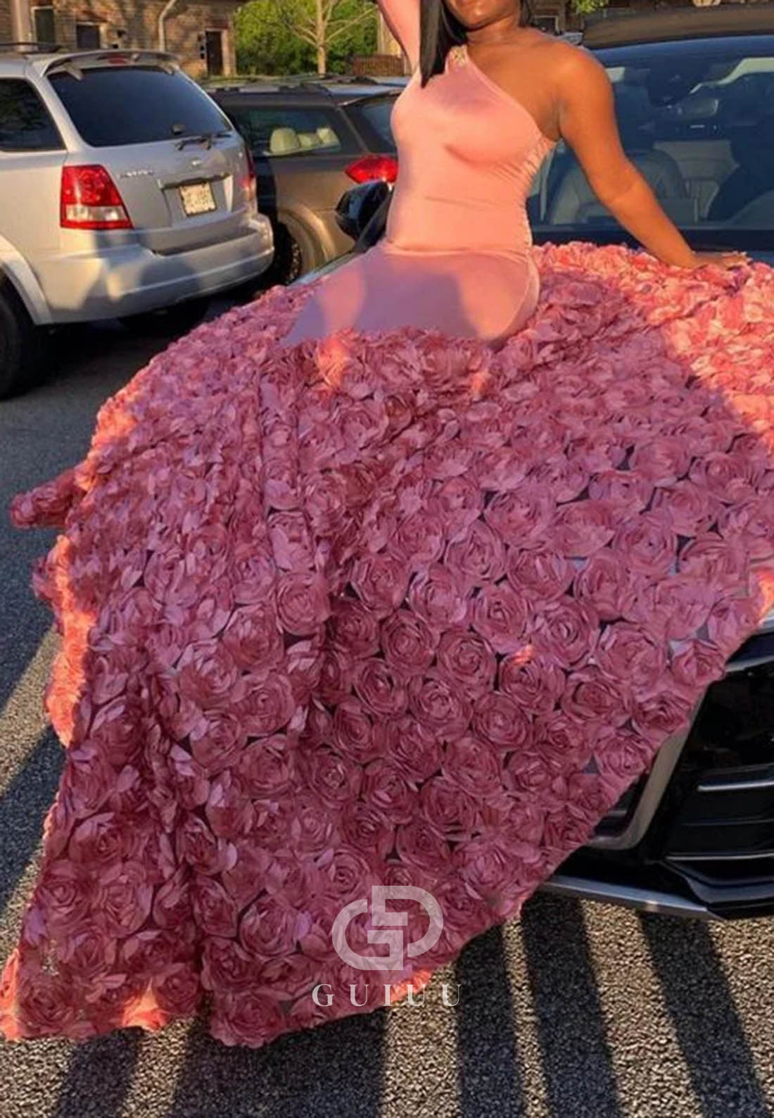 Sexy One Shoulder Long Sleeve Pink Sequins Mermaid Prom Dress