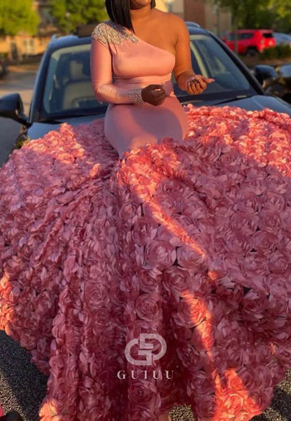 Sexy One Shoulder Long Sleeve Pink Sequins Mermaid Prom Dress