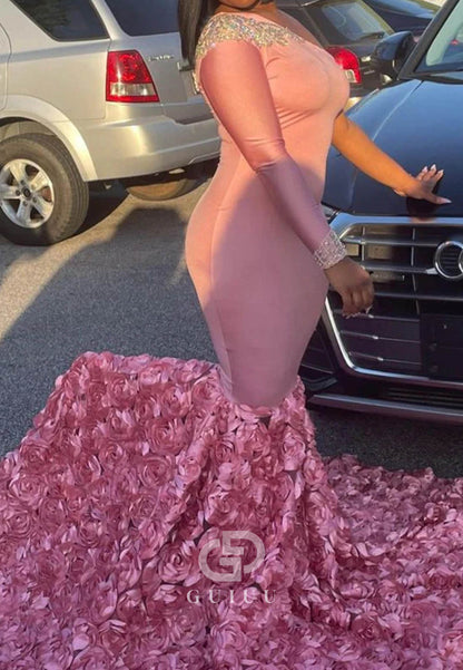 Sexy One Shoulder Long Sleeve Pink Sequins Mermaid Prom Dress