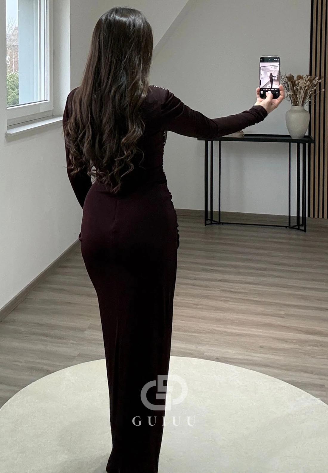 Simple Sheath Long Sleeves Ruched Slit Evening Dress