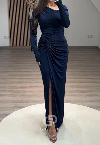 Simple Sheath Long Sleeves Ruched Slit Evening Dress