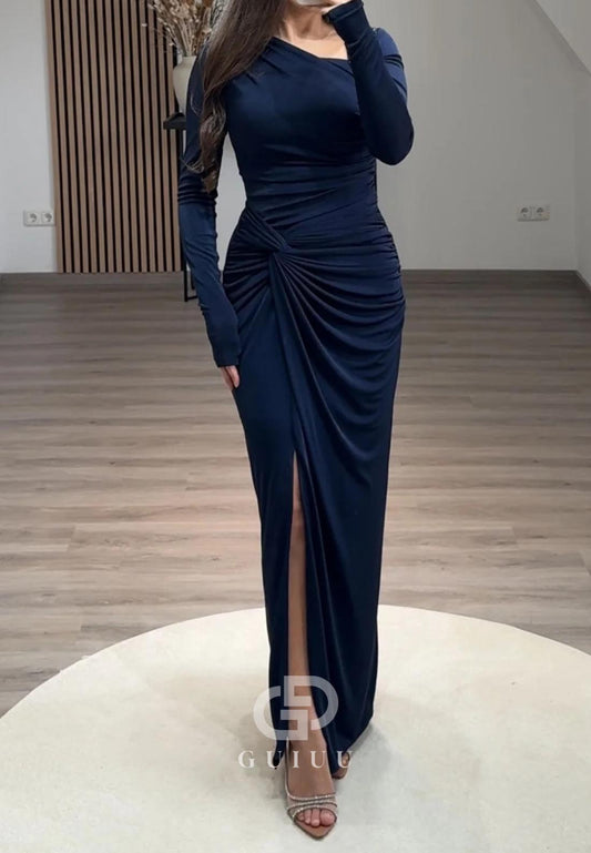 Simple Sheath Long Sleeves Ruched Slit Evening Dress