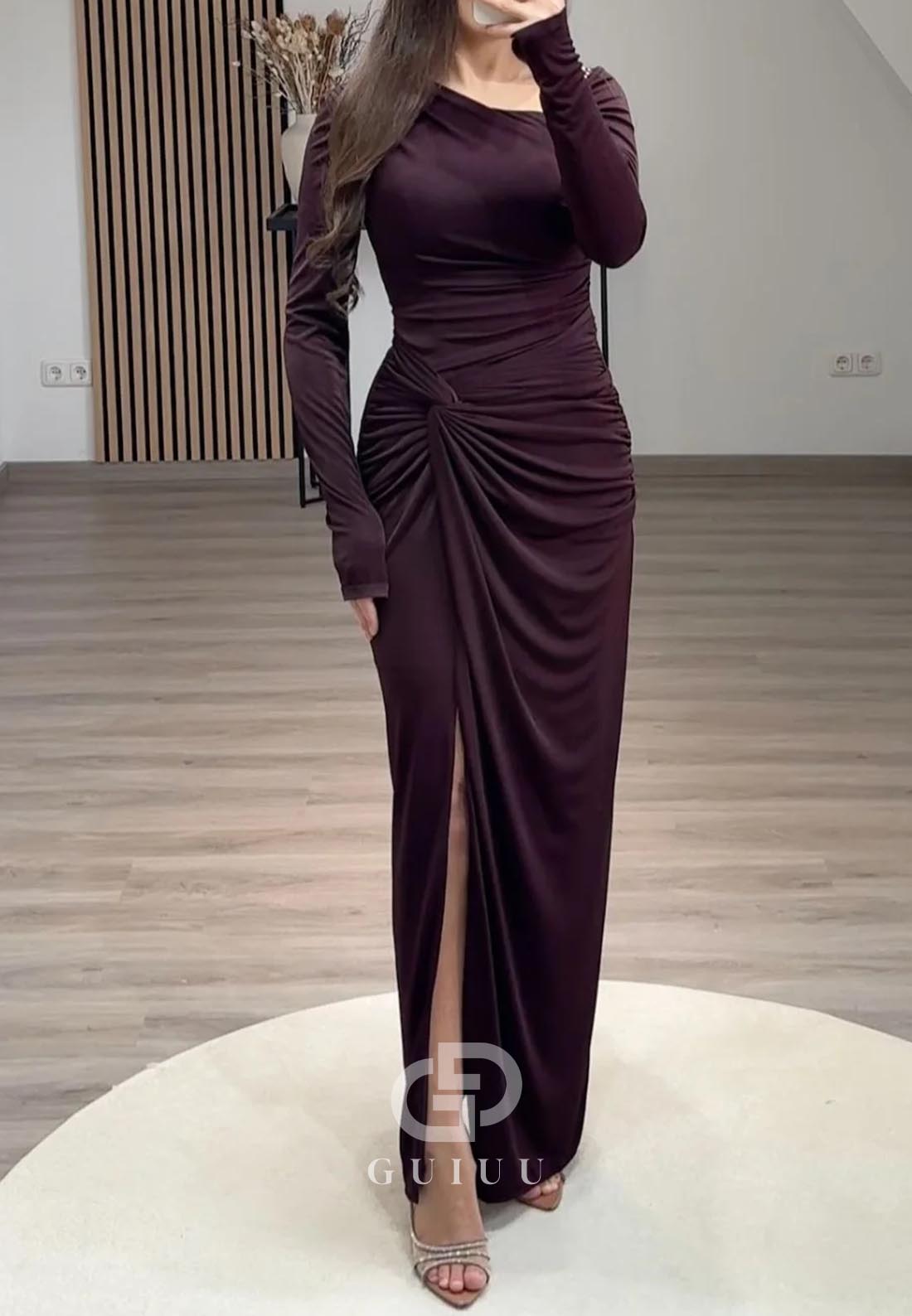 Simple Sheath Long Sleeves Ruched Slit Evening Dress