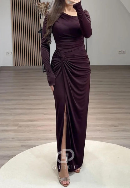 Simple Sheath Long Sleeves Ruched Slit Evening Dress