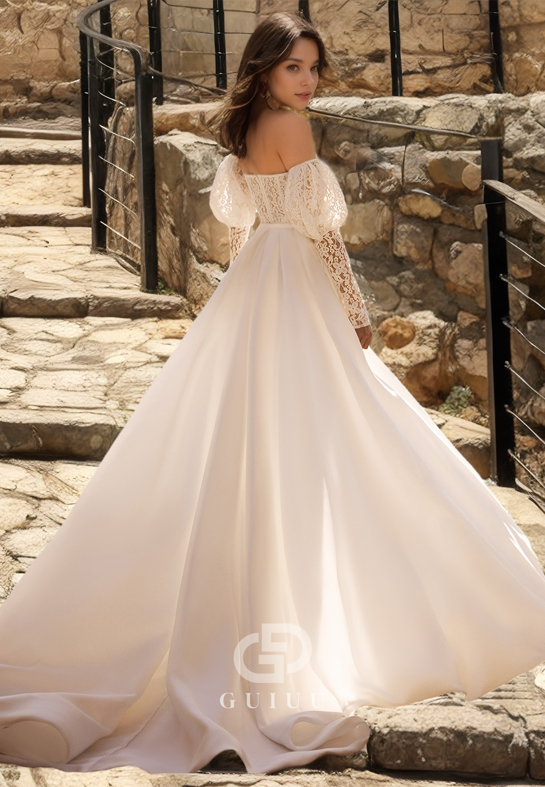 Off-Shoulder Lace Sheath Sweep Train Wedding Dress with Side Slit