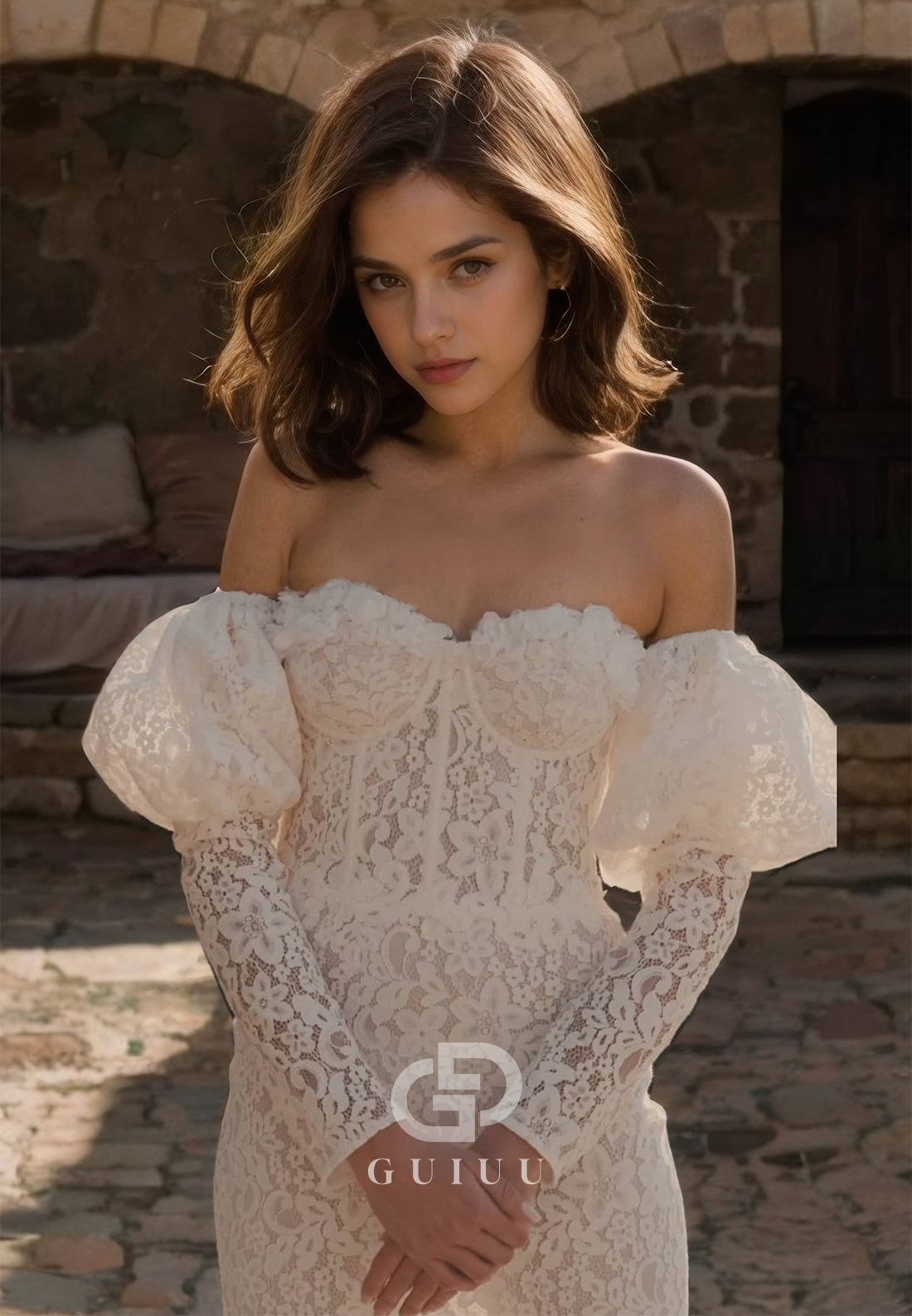 Off-Shoulder Lace Sheath Sweep Train Wedding Dress with Side Slit