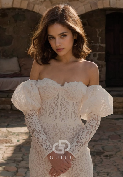 Off-Shoulder Lace Sheath Sweep Train Wedding Dress with Side Slit
