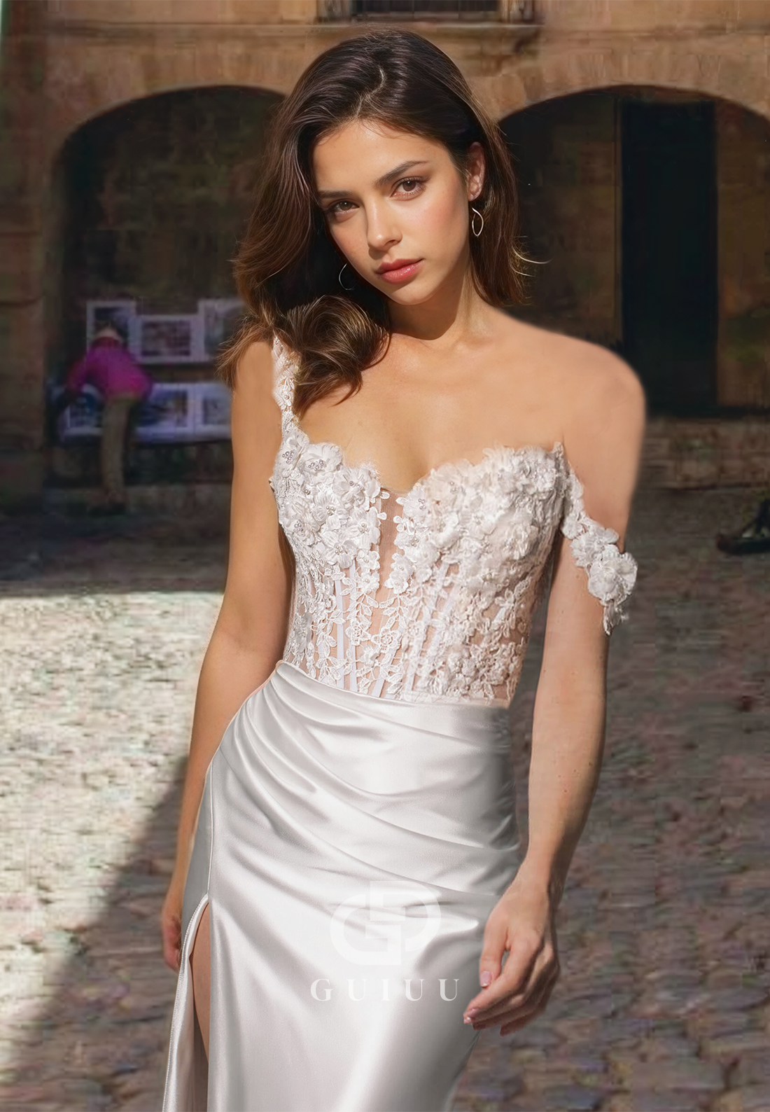 Off-Shoulder Trumpet Pleated Backless Lace Appliques Wedding Dress with Side Slit