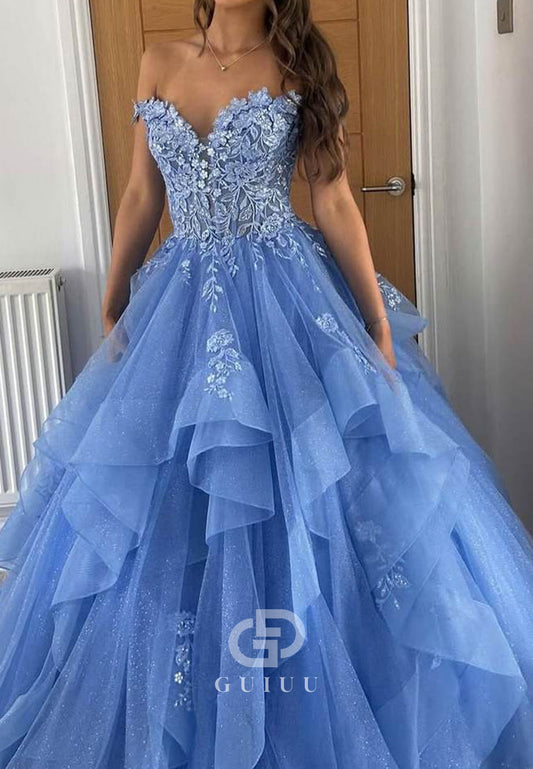 Off-Shoulder V-Neck Lace Appliques Ruffles Long Prom Gown