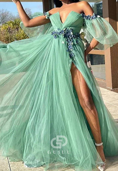 Off-Shoulder 3D Flower Appliqué High Slit  Prom Dress