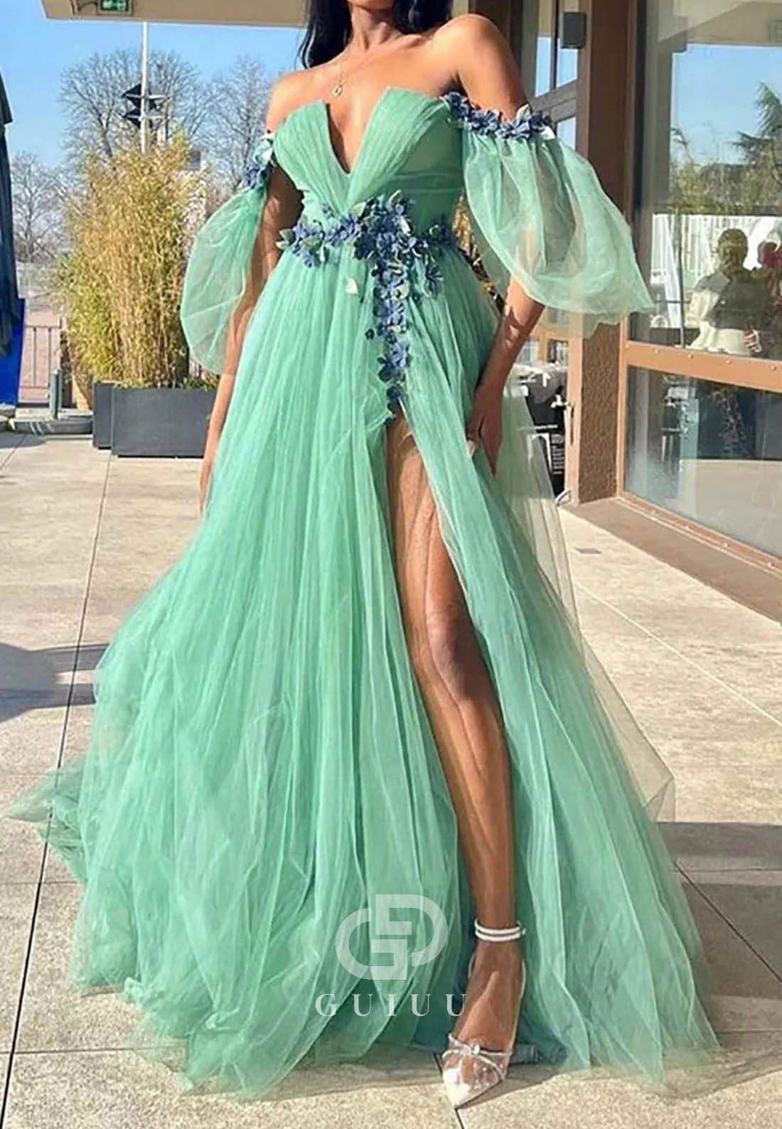 Off-Shoulder 3D Flower Appliqué High Slit  Prom Dress