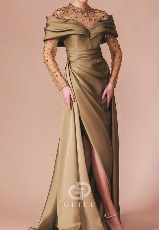 Olive A-Line Long Sleeves Slit Ruched Evening Dress