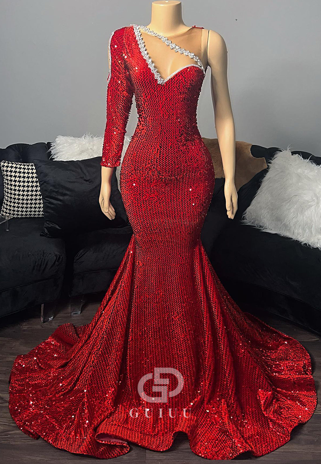 One Shoulder Long Sleeves Sequins Mermaid Prom Dress for Black Girl