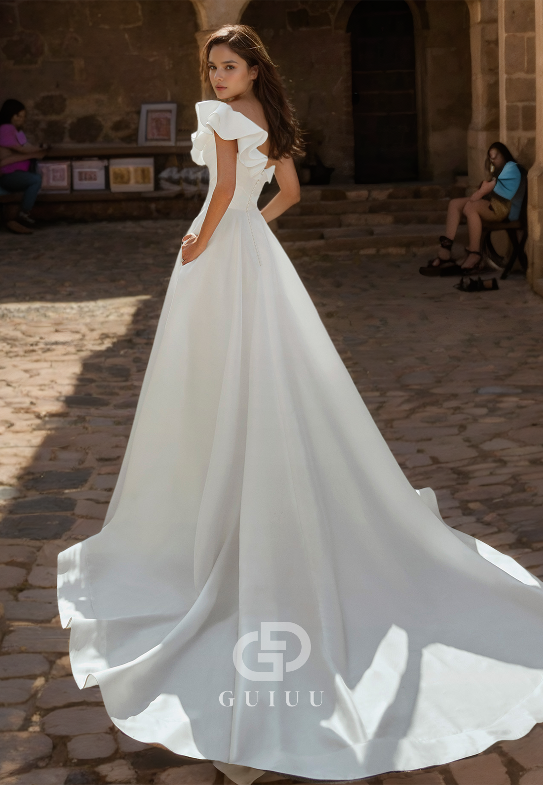 One Shoulder Ruffles Draped A-Line Long Wedding Dress with Pockets