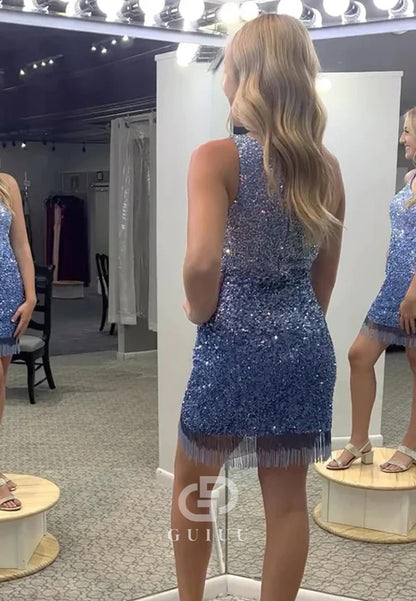 One Shoulder Sequined Sleeveless Fringes Homecoming Cocktail Dress