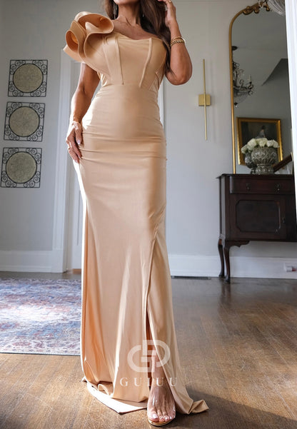 One Shoulder Short Sleeves Sweep Train Evening Dress