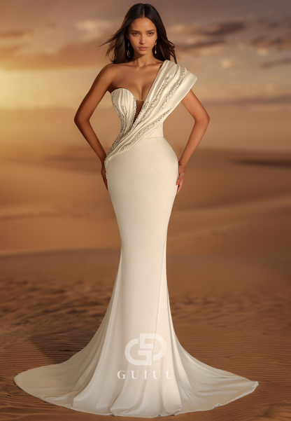 One Shoulder Sleeveless Corset Mermaid Satin Wedding Dress