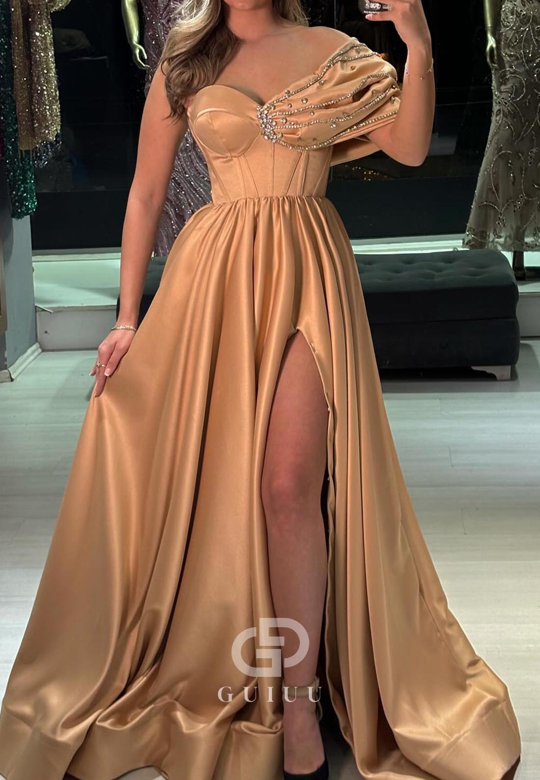 One Shoulder Sleeveless Empire-Waist Evening Dress