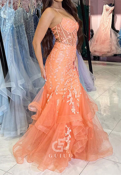 Orange Mermaid Spaghetti Tulle Tiered Long Prom Dress with Appliques