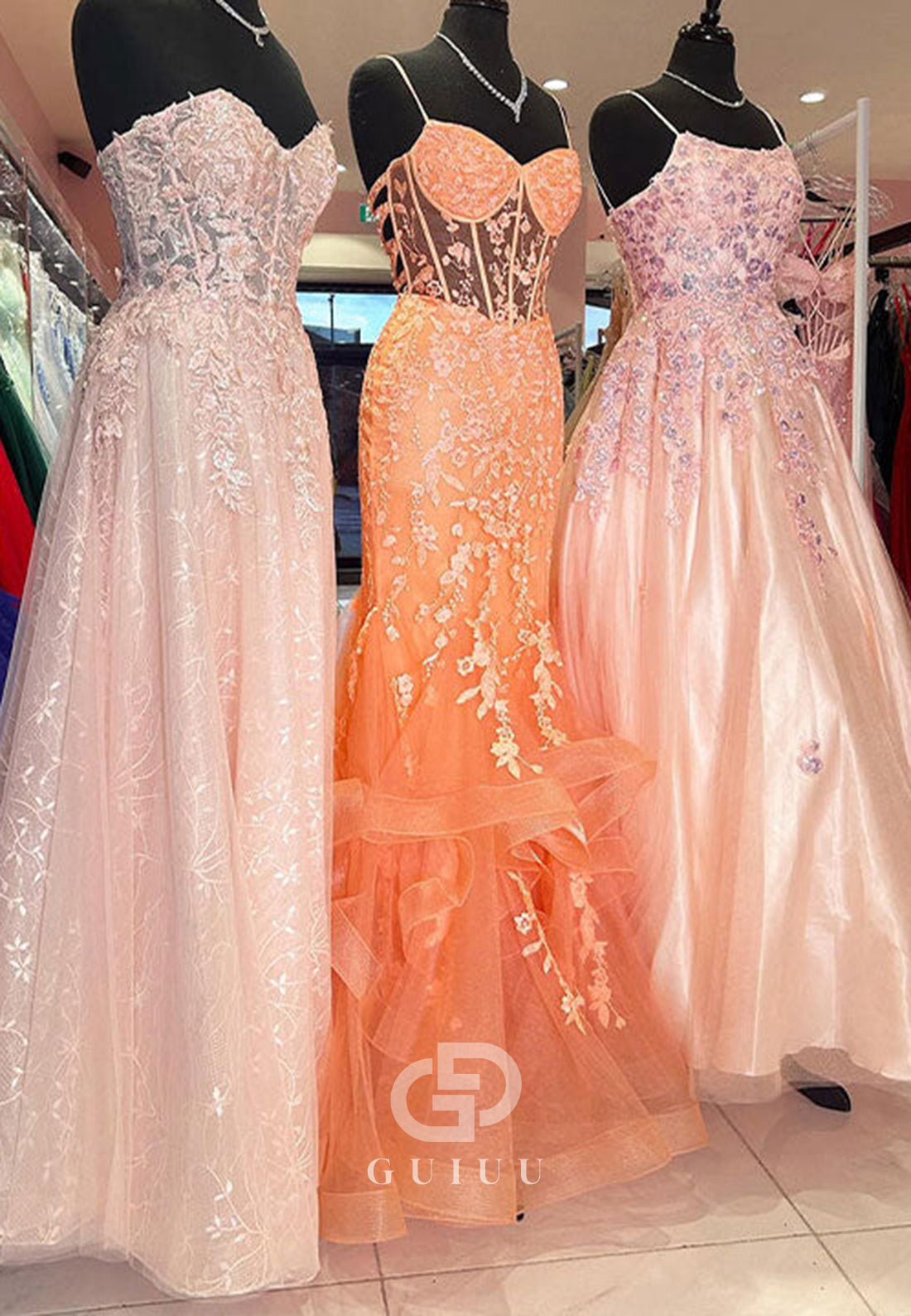 Orange Mermaid Spaghetti Tulle Tiered Long Prom Dress with Appliques