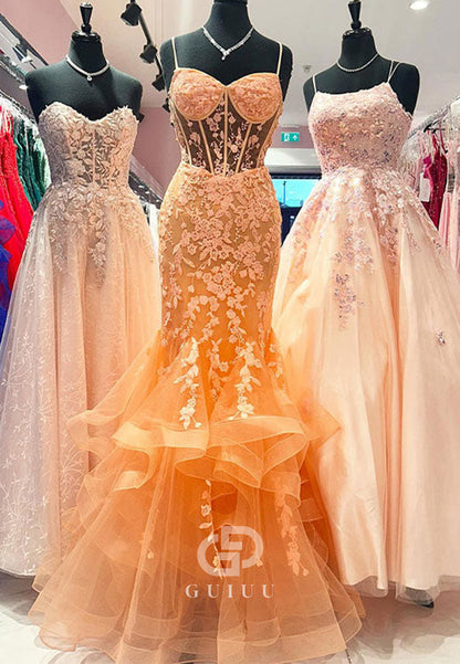 Orange Mermaid Spaghetti Tulle Tiered Long Prom Dress with Appliques