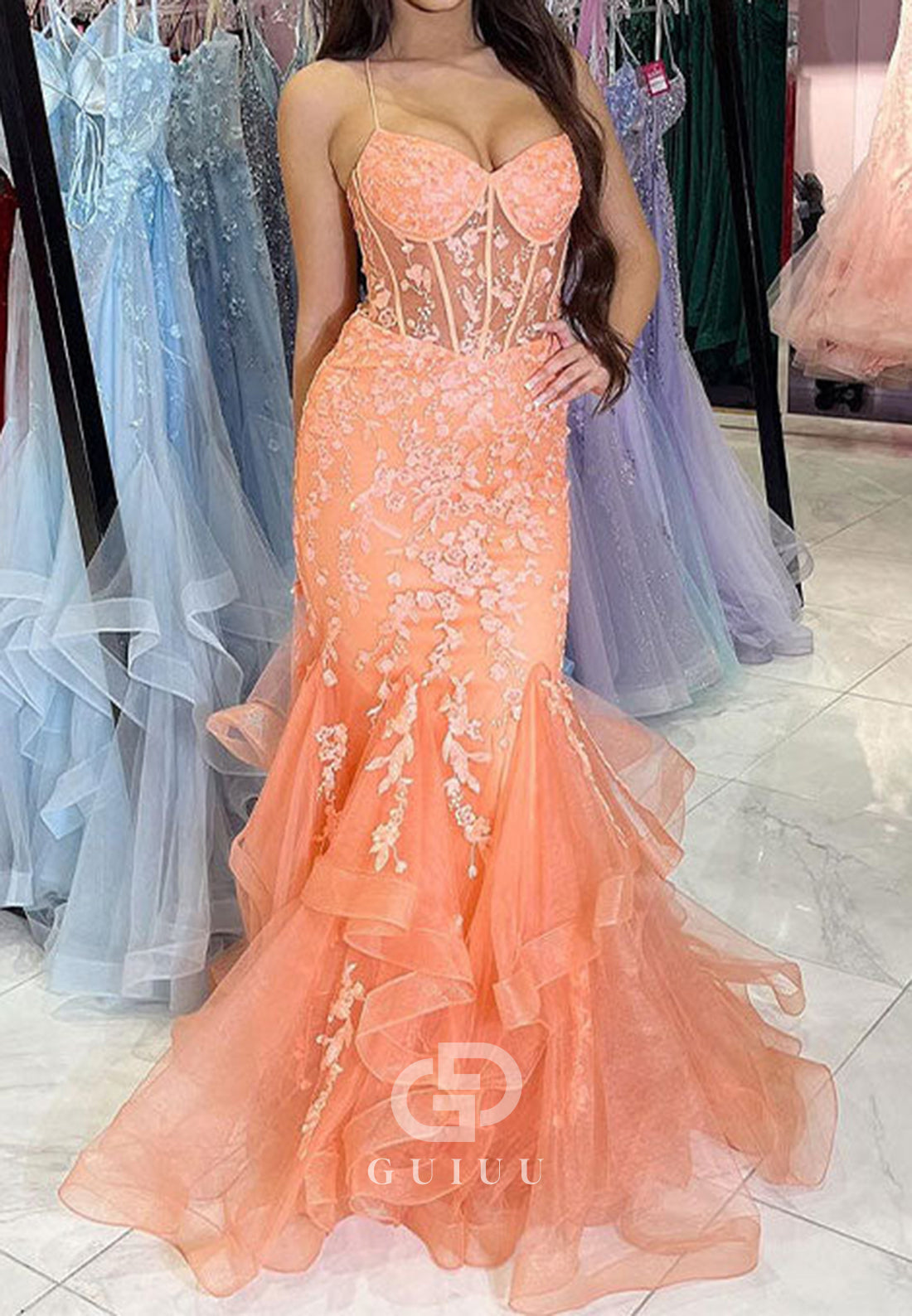 Orange Mermaid Spaghetti Tulle Tiered Long Prom Dress with Appliques