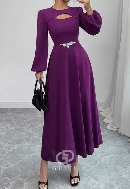 Orchid A-Line Long Sleeves Empire-Waist Evening Dress