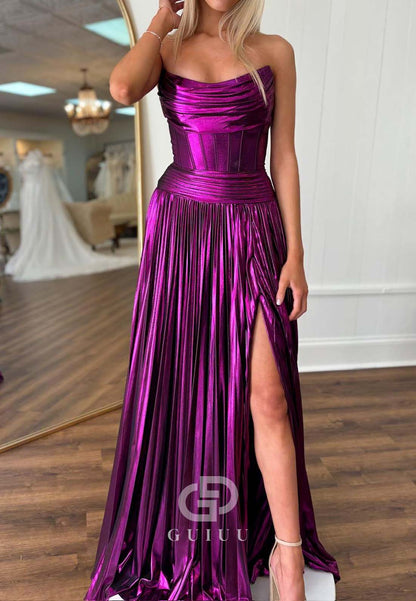 Orchid A-Line Sleeveless Prom Dress with Slit Empire-Waist Evening Party Dress