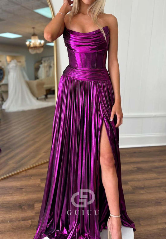 Orchid A-Line Sleeveless Prom Dress with Slit Empire-Waist Evening Party Dress