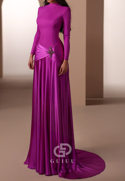 Orchid Long Sleeves High Neck Ruched Evening Dress