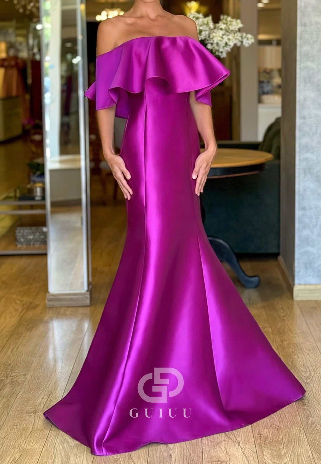 Orchid Mermaid Odd-Shoulder Cap Sleeveless Ruched Satin Mother of the Bride Dress