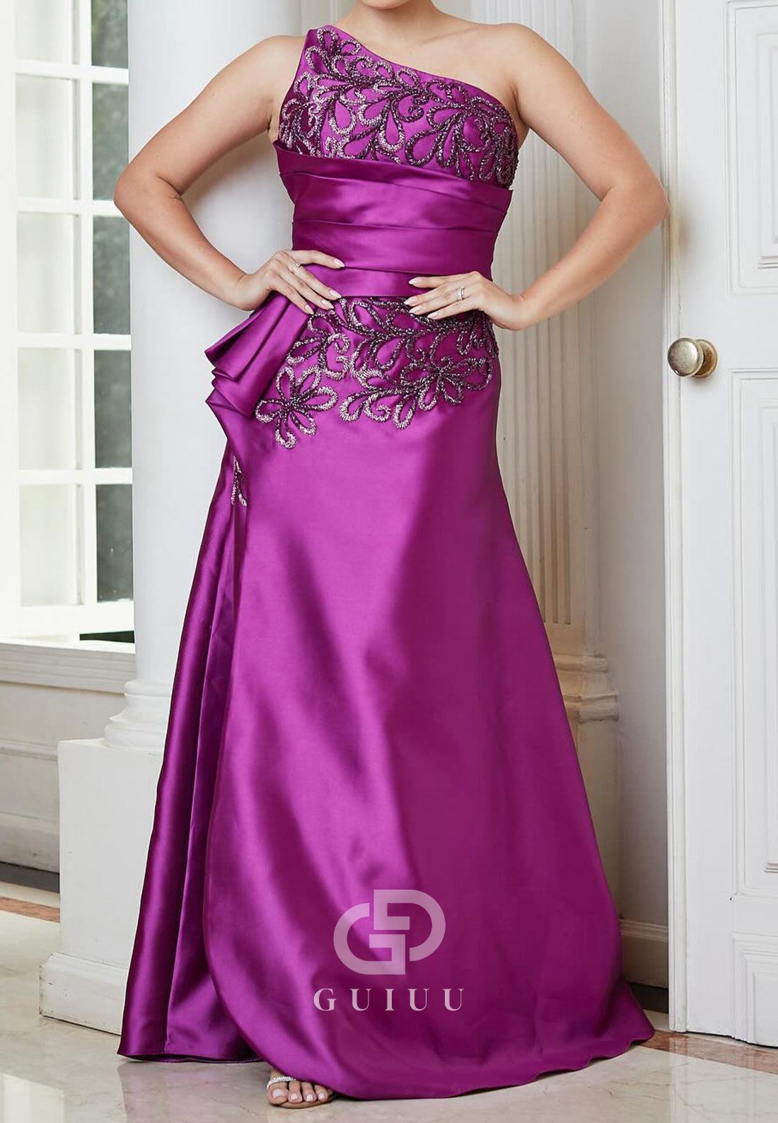 Orchid One Shoulder Sleeveless Floral Appliques Mother of the Bride Dress