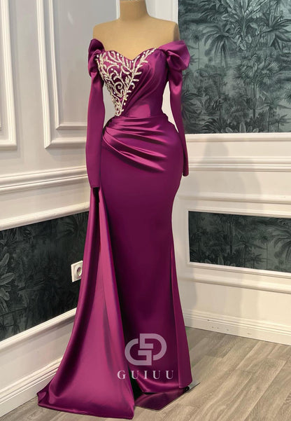 Orchid Sheath Off-Shoulder Beads Ruched Evening Dress