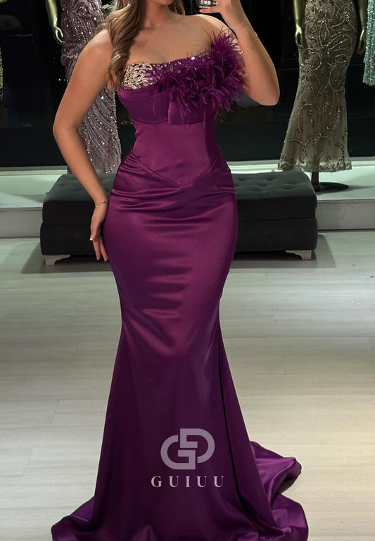Orchid Sleeveless Strapless Feathers Ruched Evening Dress