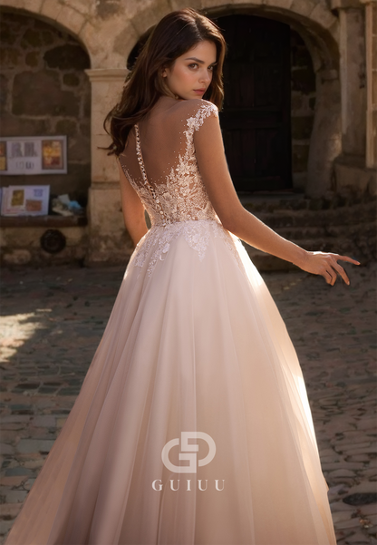 Ornate Beaded A-Line Lace Appliques Wedding Dress with Buttons