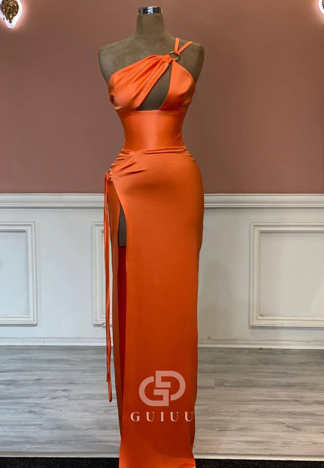 Papaya One Shoulder Sleeveless Prom Dress with Slit Ruched Evening Party Dress