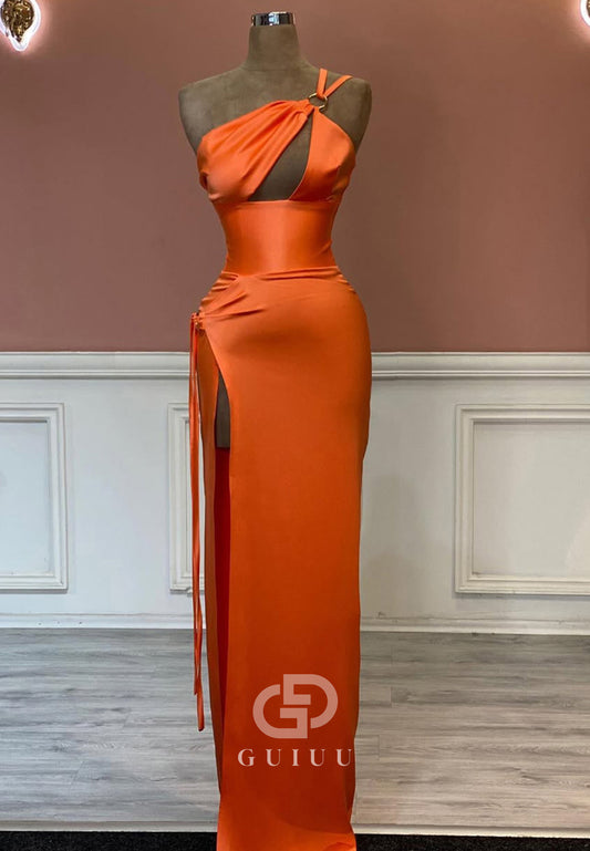 Papaya One Shoulder Sleeveless Prom Dress with Slit Ruched Evening Party Dress