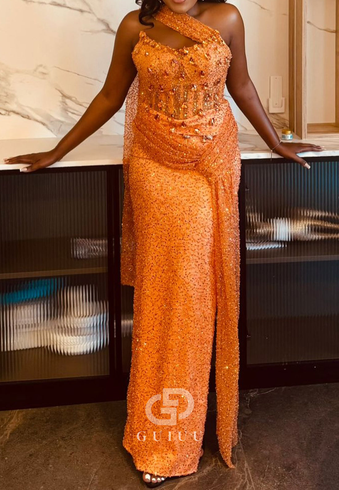 Papaya One Shoulder Sleeveless Ruched Floor-Length Prom Dress