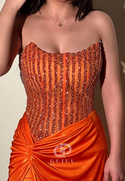 Papaya Sleeveless Strapless Corset Tulle Ruched  Prom Dress