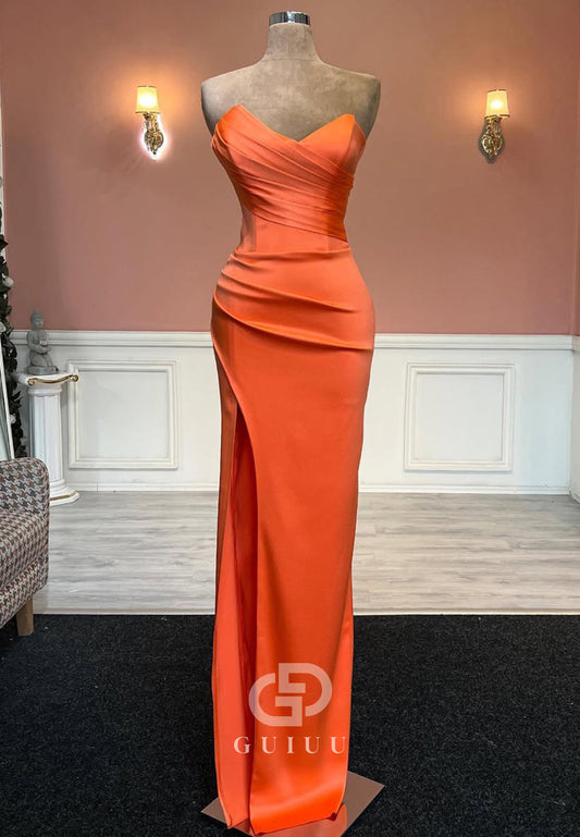 Papaya Sleeveless Strapless Prom Dress with Slit Ruched Evening Party Dress
