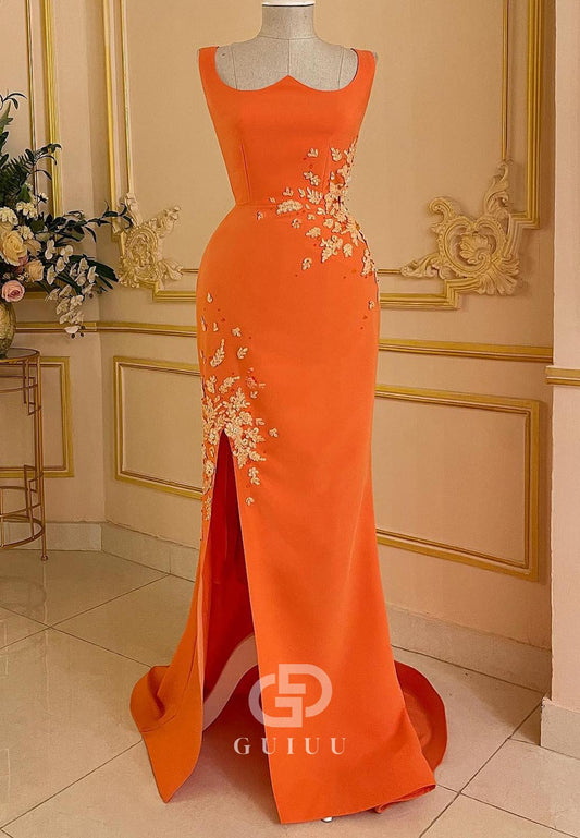Papaya Spaghetti Straps Appliques Slit Evening Dress