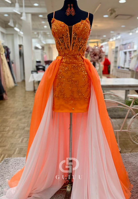 Papaya Spaghetti Straps Sweetheart Appliques Sweep Train Homecoming Dress