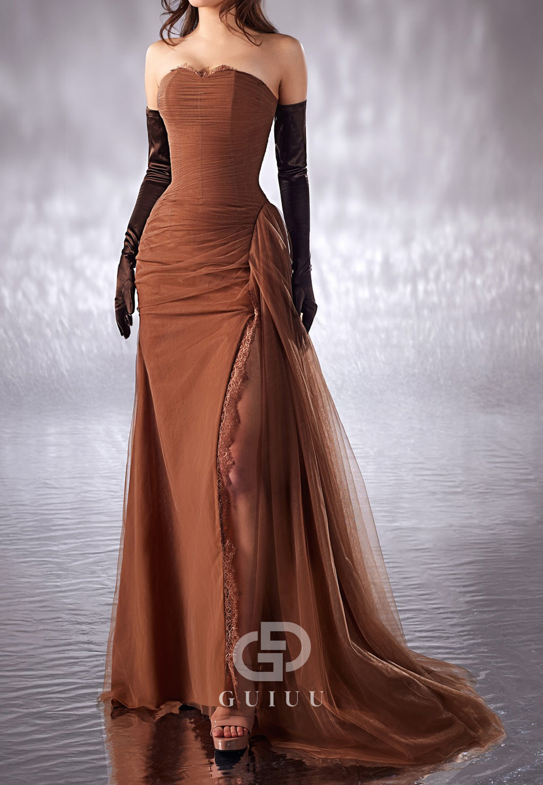 Paprika Off-Shoulder Ruched Slit Evening Dress