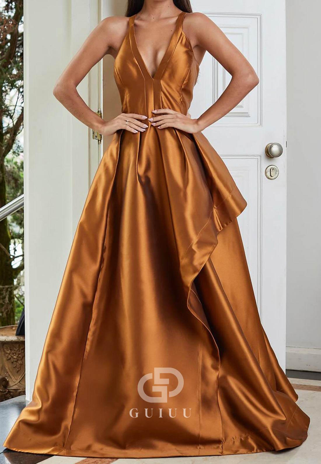 Paprika Spaghetti Straps V-Neck Ruffles Evening Dress