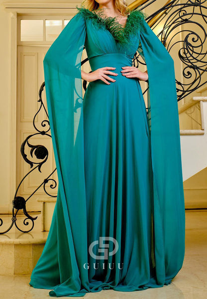 Peacock Cap Sleeves V-Neck Feathers Mother of the Bride Dress