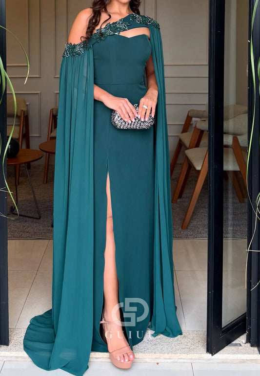 Peacock Cape Slit Appliques Empire-Waist Evening Dress